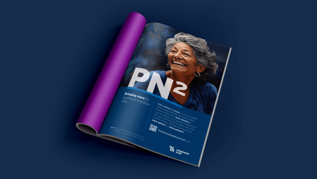 A visually appealing magazine with a smiling elderly woman and info about parenteral nutrition on a blue background.
