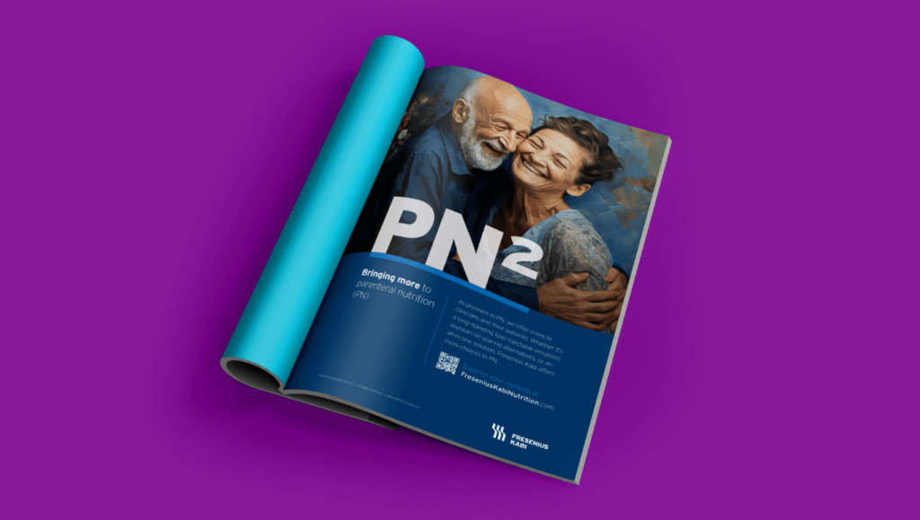 A visually appealing magazine with elderly couple and info about parenteral nutrition on the purple background.