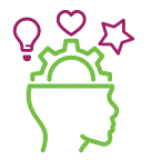 An outline icon of a human head in light green, with a gear visible where the brain would be. Above the head are three symbols: a fuchsia lightbulb on the left, a fuchsia heart in the middle, and a fuchsia star on the right.