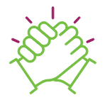 An icon showing two hands clasped in a firm handshake, outlined in light green, with fuchsia spark-like lines emanating from the top of the clasp.