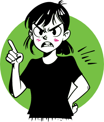 Cartoon girl with short hair, angry expression, pink cheeks, pointing finger, and hand on hip, on green circle against black background.