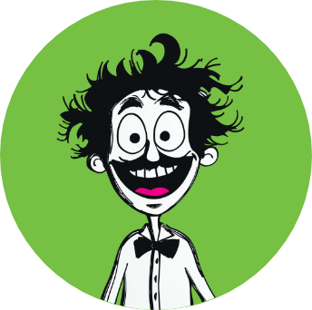 Cartoon man with wild hair, wide grin, pink tongue, and bow tie, on green circle against black background.