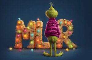 Green furry character resembling the Grinch, viewed from behind wearing a pink Christmas sweater, standing in front of large wooden letters "MLR" wrapped in colorful Christmas lights, on a dark blue background.