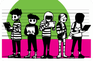 Cartoon illustration of five diverse stylized teenagers standing in a line on a lined notebook background, each holding a tablet or e-reader, wearing casual streetwear with hoodies, backpacks, and sneakers, set against a bright green circle and hot pink base, evoking modern youth culture and digital engagement