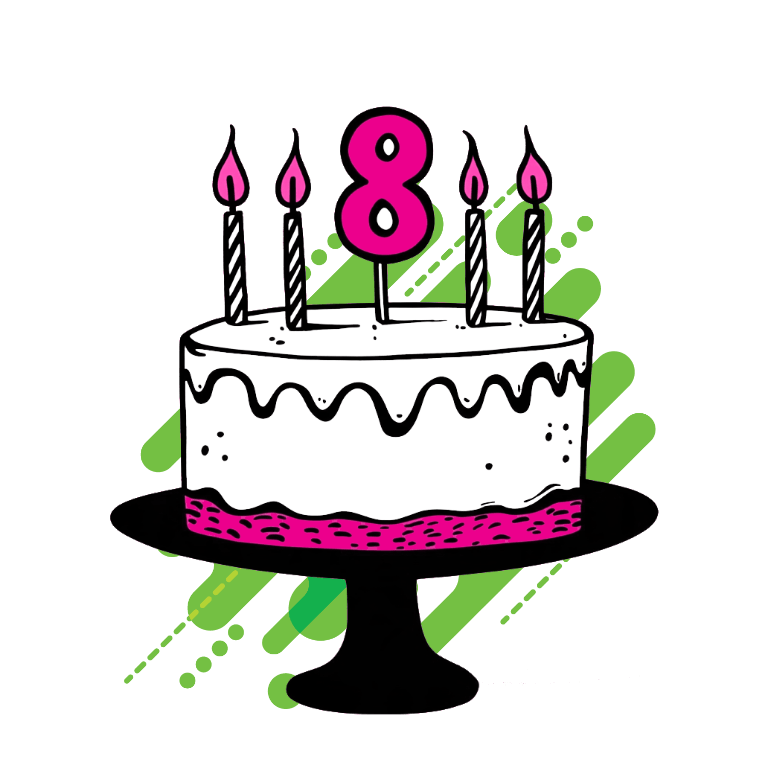 Black and white pen-and-ink illustration of a birthday cake on a stand with pink drip icing and a pink number 8 candle among four striped candles, set against green geometric shapes in the background